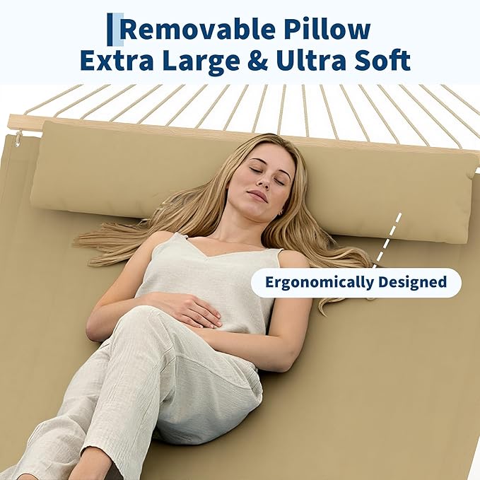 Hammocks 12 FT Double Quilted Fabric Hammock with Spreader Bar and Detachable Pillow, 2 Person Hammock for Outdoor Patio Backyard Poolside, 450lbs Weight Capacity