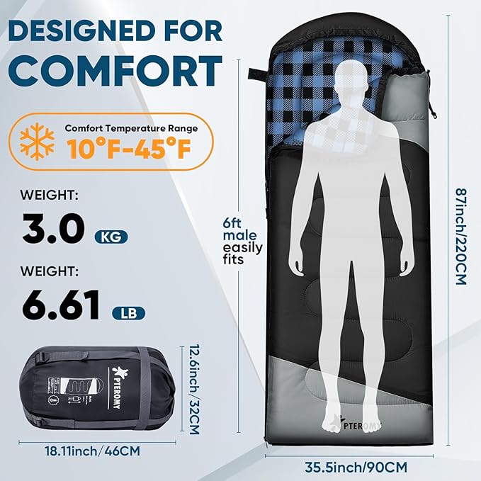 PTEROMY Sleeping Bags for Adults, Lightweight and Machine Washable, Water Resistant Backpacking Camping Sleeping Bag for Warm Cold Weather, Camping Essentials for Hiking Travel
