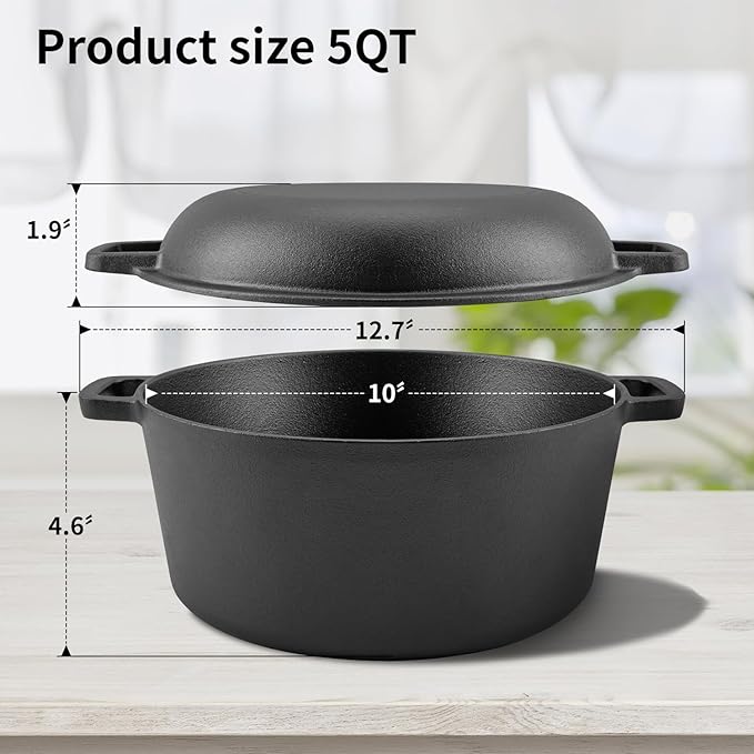 2-in-1 Pre-Seasoned Cast Iron Dutch Oven with Skillet Lid,Oven,Grill,Campfire&Stovetop Safe,Durable Black Cookware Sets with Dual Handles,Cast Iron Skillets for Sourdough Bread baking,Frying,Camping,BBQ,5QT