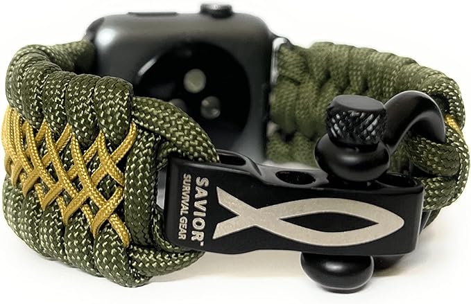Savior Survival Gear Paracord Watch Band, Compatible with Apple Watch Band 49mm 46mm 45mm 44mm 42mm - iWatch Band Series Ultra 10 9 8 7 6 5 4 3 2 1 SE – Adjustable strap for men (Green - Khaki, Large)