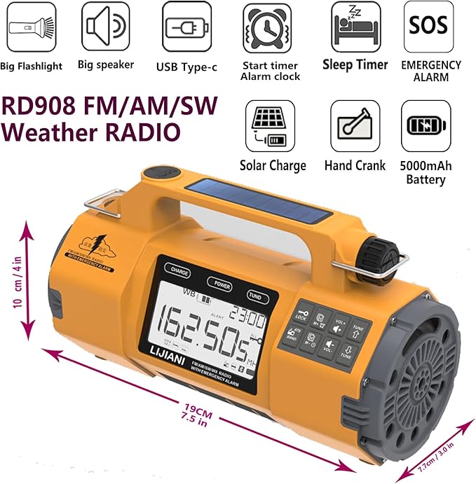 Emergency FM/AM/SW Weather Radio, Big Flashlight/Speaker,Type-C,Sleep Timer Alarm Clock, Solar Hand Crank Charge, 5000mAh Replaceable Battery,Cell Phone Charger Hurricane Survival kit
