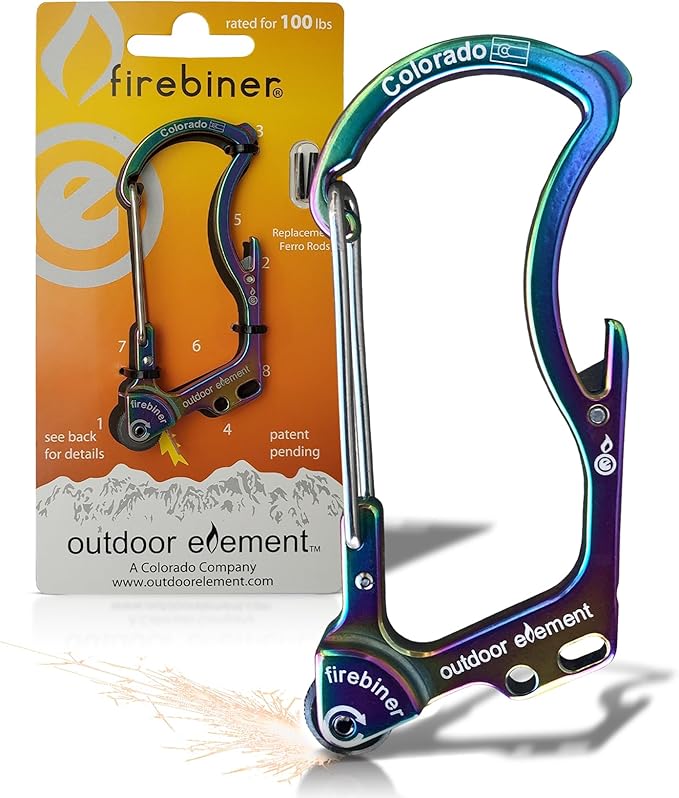 OUTDOOR ELEMENT Firebiner Custom Engraved 6-in-1 Fire Starter Carabiner Multitool – Survival Gear EDC Keychain with Utility Blade, Bottle Opener, Screwdriver, Emergency Tool