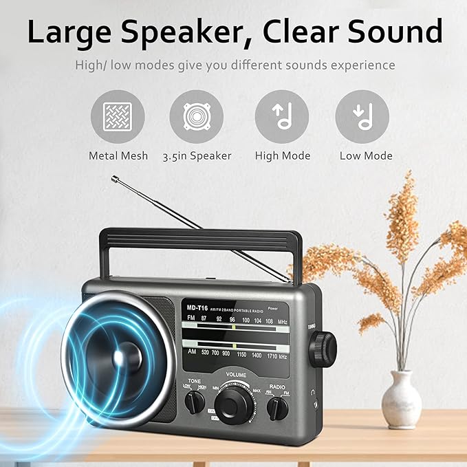 AM FM Portable Radio Battery Operated by 4X D Cell Batteries Or AC Power Transistor Radio with and Big Speaker, Standard Earphone Jack, High/Low Tone Mode, Large Knob