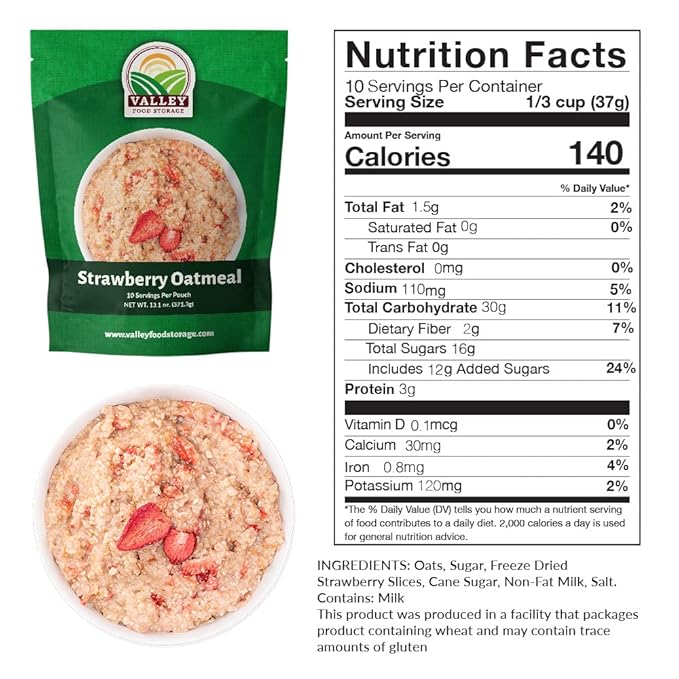 Valley Food Storage Freeze Dried Strawberry Oatmeal | 10-Bag Bucket, 100 Servings | Premium Emergency Food Supply with 25 Year Shelf Life | Non-GMO Freeze Dried Breakfast & Prepper Food