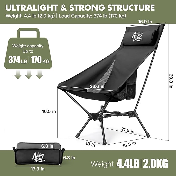 AuroraTrail High Back Folding Camping Chair with Pillow – Lightweight Portable Outdoor Chair with Cup Holder & Carry Bag, Sturdy Aluminum Frame Supports up to 374 lb for Camping, Hiking & Festivals