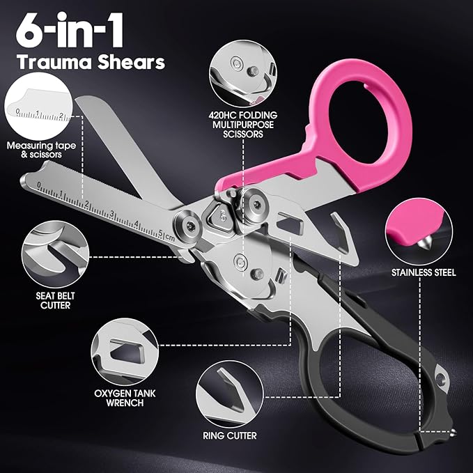 6-in-1 trauma shears - emergency responders, outdoor emergencies, medical staff, and outdoor camping, Gift box packaging with scissors storage K sheaths (Black Pink)