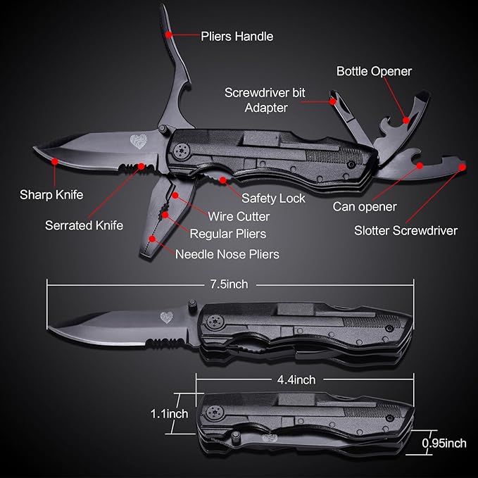 Unutes 14 in 1 Multitool Pocket Knife for Men, Tactical Multi-Tool Plier 9-in-1 screwdriver set with Nylon Sheath for Survival, Camping, Gifts Ideas for Dad, Husband