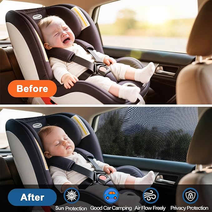 Car Rear Side Window Shades,2 Pack Breathable Mesh Car Window Screens Sun Shades Covers for Camping,Fit for 96% of Cars, Block Sun Glare,UV Protection,Privacy Protection