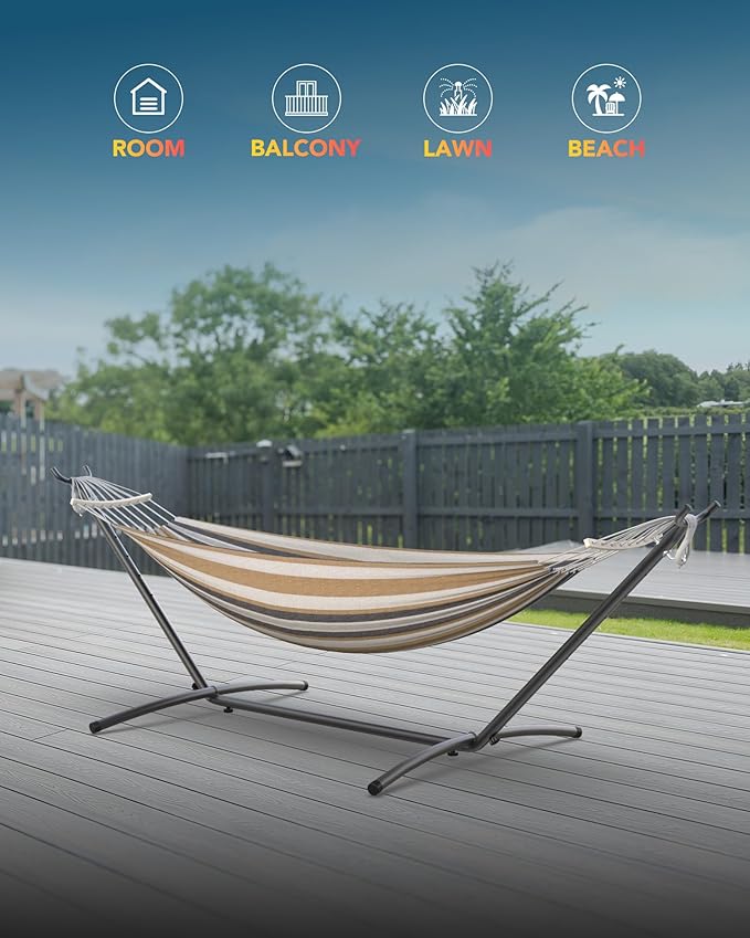 Everyfun Double Hammock with Space-Saving Steel Stand, 2 Person Heavy-Duty Hammock for Garden, Yard or Outdoor, 600lbs Capacity, Coffee