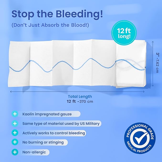 Advanced Kaolin Hemostatic Gauze – Z-Fold Sterile Clotting Bandage (3" x 12 ft, 1-Pack) | Stops Bleeding Fast for Emergency, Trauma, Tactical First Aid, Survival Kits, and IFAKs