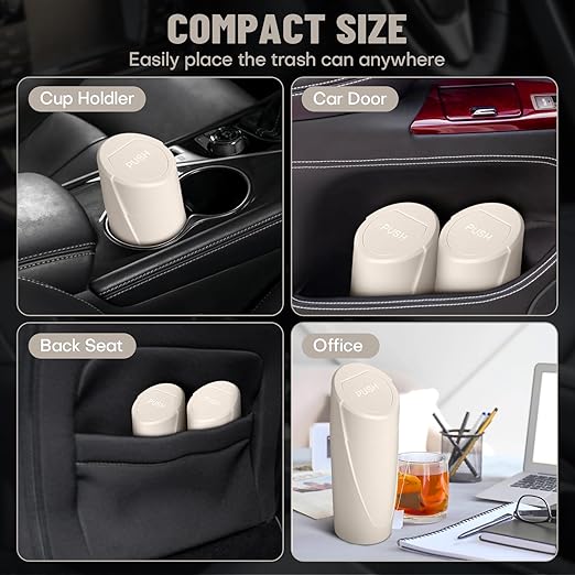Car Trash Can Bin with Lid - Car Garbage Can Cup Holder - Light Beige Mini Leakproof Vehicle Garbage Bin with 40pcs Trash Bags-Automotive Organizers and Storage for Front Back Seat Accessories