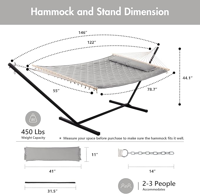 ANOW Double Hammock with Stand 12FT, Heavy Duty Hammocks with Stand for Outdoors, 450 LBS Weight Capacity, Light Gray