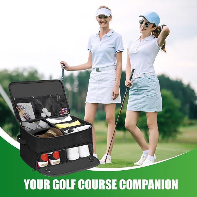 Golf Trunk Organizer 2 Layer with Separate Compartment for 2 Pair of Shoes, Golf Bag Storage for Car, Waterproof,Trunk Locker for Balls, Tees,Gloves