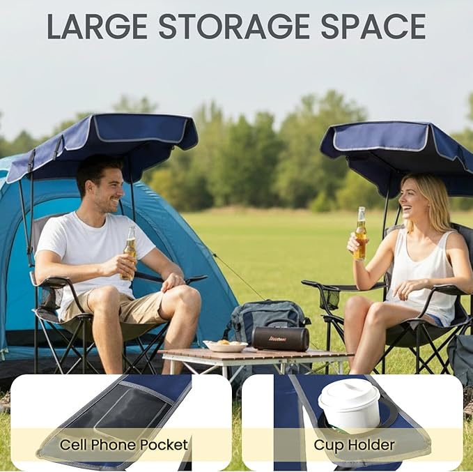 FAIR WIND 2 Pack Portable Canopy Camping Chair 380 LBS Capacity Heavy Duty Oversized Folding Lawn Chair with Sunshade for Beach, Fishing, Sports & Outdoors