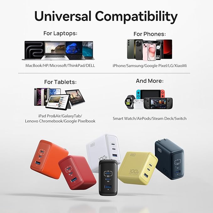 INIU for Macbook Pro Air Charger, 100W 3-Port PD Fast Charging, Compact Foldable Charger With USB C Cable, GaN Power Adapter For Mac Book, iPad, iPhone 17, Samsung S25, Switch, Camping, Business, Blue
