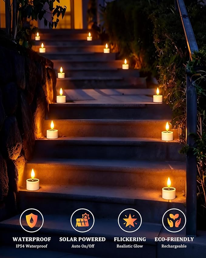 SoulBay Solar Tea Lights Outdoor Waterproof, 12 pcs 1.5" D x 2.1" Reusable Dusk to Dawn Flickering Small LED Tealight Candles, Flameless Votive Candle for Lanterns Patio Garden Camping Décor