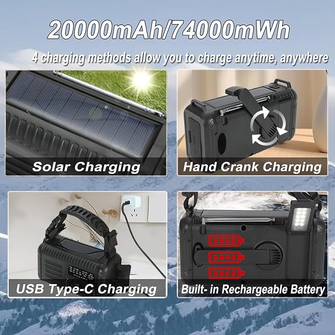 Emergency Hand Crank Radio, NOAA Weather Radio, 20000mAh Rechargeable Solar AM/FM Radio, Portable USB-C Fast Charger, Flashlight, Reading Lamp SOS Alarm for Hurricane Storm Camping Hiking (Black)