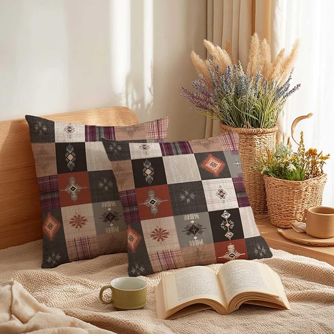Southwestern Throw Pillow Covers 18x18 Set of 2 | Boho Tribal Patchwork Cushion Covers | Rustic Western Decorative Pillow Cases for Couch Sofa Living Room Bedroom | Bohemian Home Decor