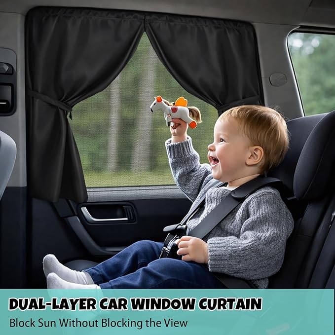 Car Window Shades, 2 Pack Magnetic Double Layer Window Shade for Baby in Car, Adjustable Privacy Blackout/See-Through Back Window Curtains for Baby Kids UV Protection