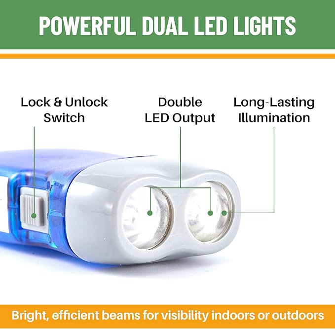 Evelots Hand Crank Emergency Flashlights -12 Pack- Camping, Home, Car - Double LED Bright Lights - Great for Hiking, Outdoor Sports, Power Outage Easy to Use