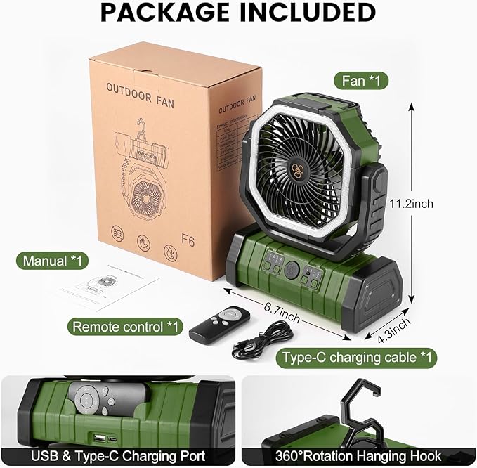 Odoland 30000mAh Camping Fan with LED Lantern, Rechargeable Battery Operated Oscillating Fan with Remote & Hook, Portable Tent Fan with Timer, 4 Speeds for Outdoor Camp RV Jobsite Power Outage, Green