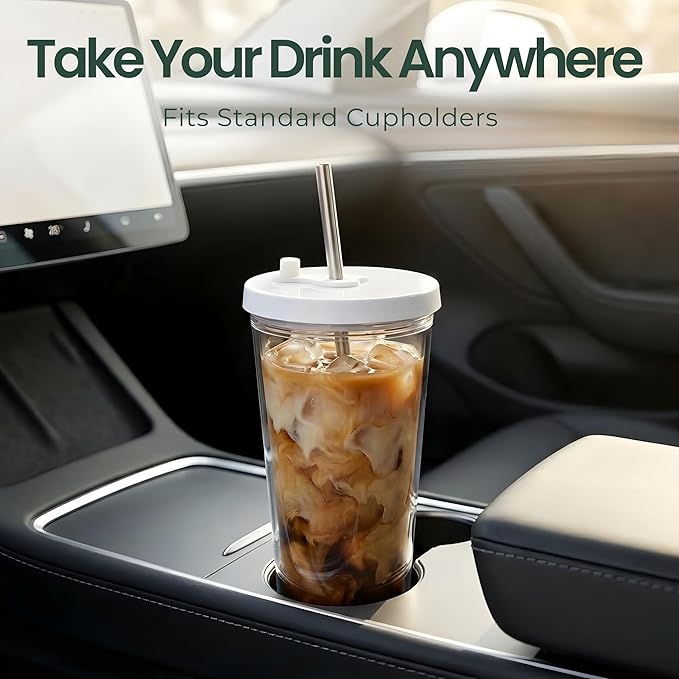 Kensal Home Reusable Iced Coffee Cup (24 Oz/Venti), Leak Proof and Double Wall Insulated Iced Coffee Tumbler, Come with Reusable Plastic and Metal Straws and Straw Cleaner - White