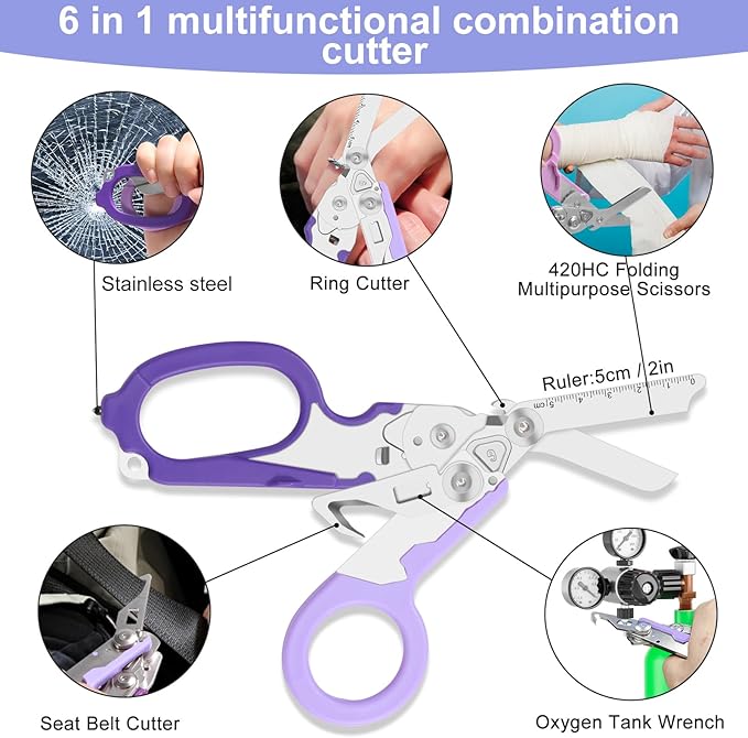 6-in-1 trauma shears - emergency responders, outdoor emergencies, medical staff, and outdoor camping, Gift box packaging with scissors storage K sheaths (Purple)