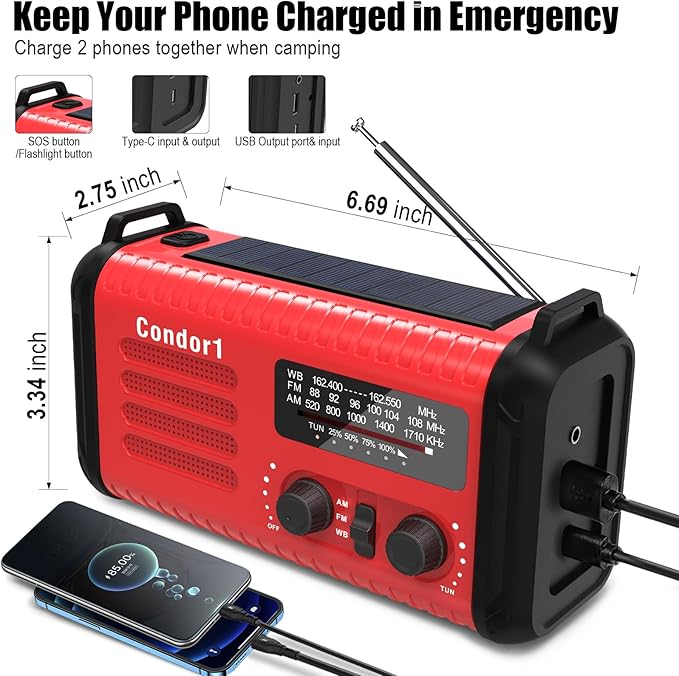 NOAA Weather Radio 20000mAh Battery Powered｜Solar Hand Crank Emergency Radio AM/FM｜USB-C Charger｜SOS Alarm｜Flashlight & Reading Lamp｜Hurricane Storm Power Outage Survival Emergencies (Red)