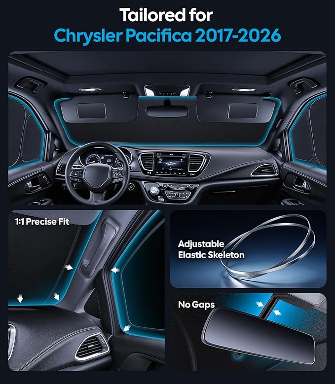 Wigoo 2026 Upgrade 8PCS Full Set Window Sunshade for Chrysler Pacifica 2017-2026 [7-Layer Cooler & Blacker, Ice-Crystal Tech] with Windshield for Sun Block, Baby, Camping, Privacy Napping, Relax
