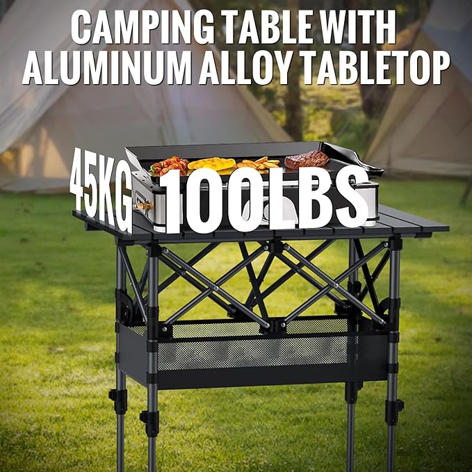 GARLLEN Folding Camping Table, 2-Height Adjustable Portable Picnic Table with Roll-up Tabletop, Lightweight Aluminum Outdoor Table with Storage Net & Carrying Bag for Camping, Picnic, BBQ