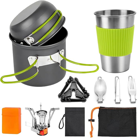 aiGear 8pcs Camping Cookware Mess Kit, Camping Pot and Pan Set with Mini Backpacking Stove, Stainless Steel Cup, Spork and Tank Bracket, Cooking Gear for Hiking Camping Outdoor Picnic
