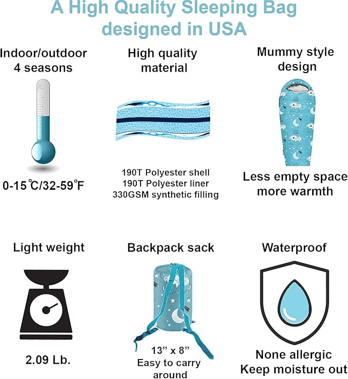 KidzAdventure Mummy Style 32 – 59F Kids Sleeping Bag with Pillow Sleeve, 4 Season, Lightweight and Backpacking Style, Ideal for Camping, Sleepover, Boys, Girls, and Youth