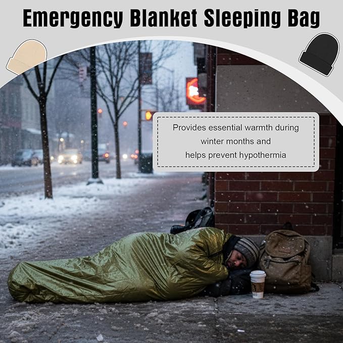 Chicingyou 120 Pcs Homeless Care Package Supplies Bulk Winter Emergency Thermal Blankets Warmer Beanie Socks Touchscreen Gloves for Men Women Cold Weather Outdoor Survival Kits(Green,Multicolor)