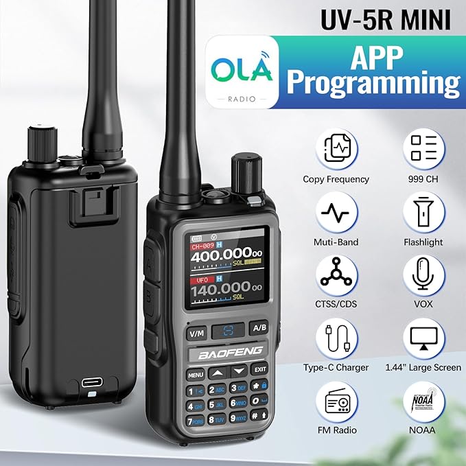 Baofeng Radio UV-5R Mini Ham Radio Long Range Two Way Radio NOAA Weather Radio Rechargeable Walkie Talkies Dual PTT APP Programming Copy Frequency 999CH with USB-C Charging Headset Survival Radio