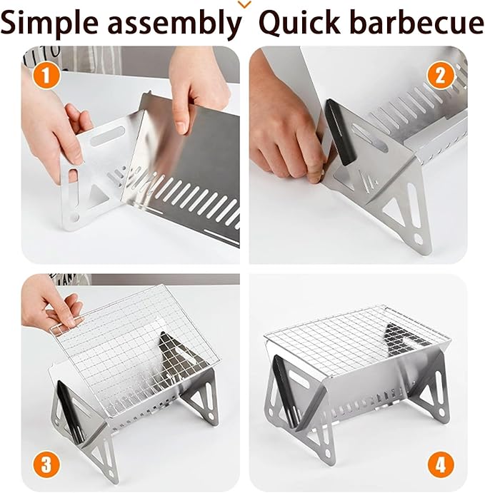 Outdoor Stainless Steel Camping Grill Folding Barbecue Grills Mini Portable Camping Grill with Bamboo chopsticks/Storage bag, Small Assemblable Removable BBQ Grill Tabletop Fire Pit for Camping Patio