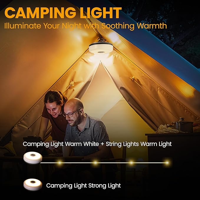 EverBrite Camping String Lights Rechargeable LED Camping Lamp, 29.5FT Outdoor Tent Lights 8 Lighting Modes, USB Charging RGB Modes Hanging Light for Awning Tent/Garden/Party/Christmas Festival Decor