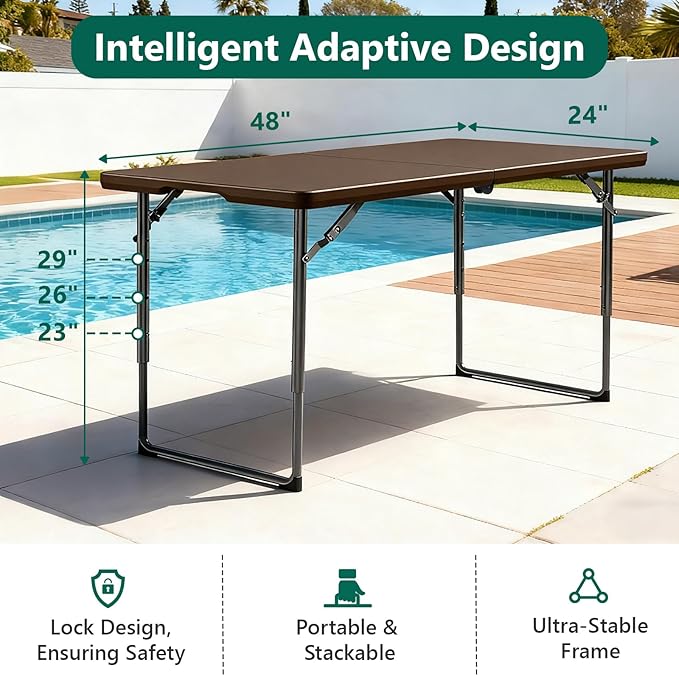 Folding Table 4ft - Heavy Duty Fold-in-Half Plastic Table with Adjustable Height, Portable Utility Tables with Steel Legs for Indoor, Outdoor, Picnic, Camping, Dining, Party(Brown)
