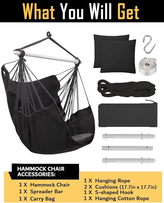 ADVOKAIR Hammock Chair Swing, Heavy-Duty Hanging Rope Swing Seat Supports 500 Lbs, Ideal for Outdoor Patio, Backyard, Porch, Deck & Indoor Bedroom Use