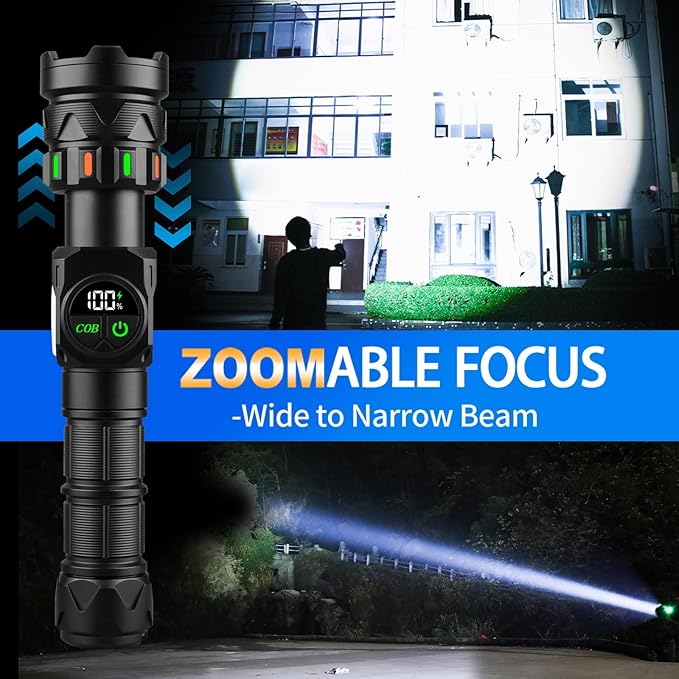 Rechargeable Flashlights High Lumens 5000 Long Distance, Super Bright LED Flash Lights with COB Sidelight USB C LCD Display, Daul Light Source & Buttons with Red Light, for Camping Hiking Emergency