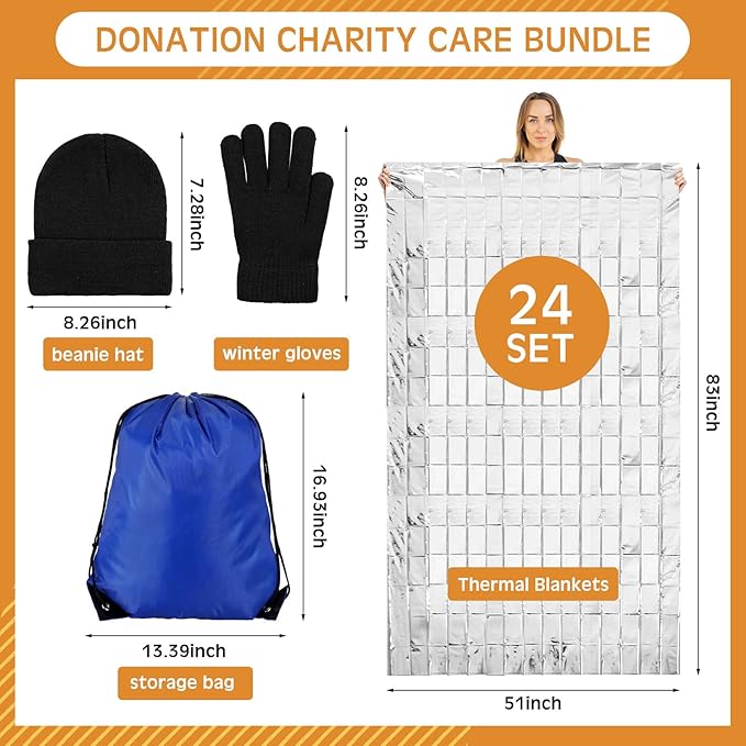 Xtinmee 96 Pcs Christmas Homeless Care Package Supplies Winter Beanies Gloves Emergency Thermal Blankets and Drawstring Bags for Men Women Outdoors Winter Homeless Donation Charity Care