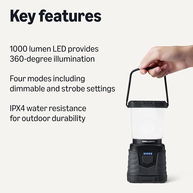 Amazon Basics Camping Essentials Lantern, 360-degree 1000 Lumen Lanterns, Adjustable dimmable, Black (Batteries Not Included)