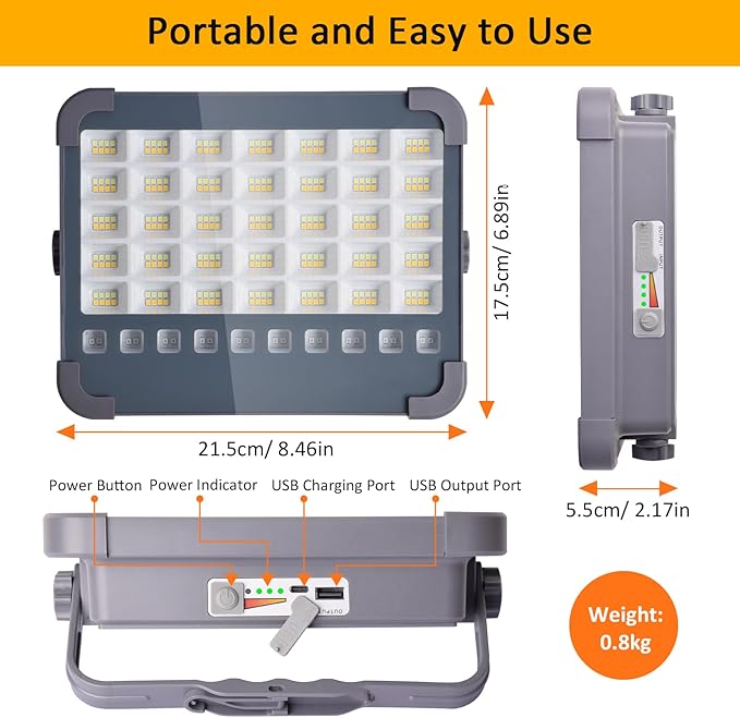 100W LED Rechargeable Work Light, 6000mAh Portable Solar Floodlight with 5 Light Modes, 10,000 Lumens Security Lights, IP66 Waterproof for Camping, Power Outages, Emergency, Hiking, Car Repairing