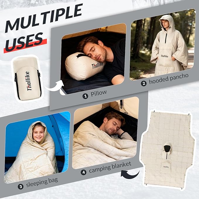 Camping Blanket with Zipper Pocket, 85'' x 61'' Large Wearable Hooded Blanket, Ultralight Warm Sleeping Bag, Windproof Camping Poncho for Outdoor Stadium Sports Gaming Hiking Picnic Concerts