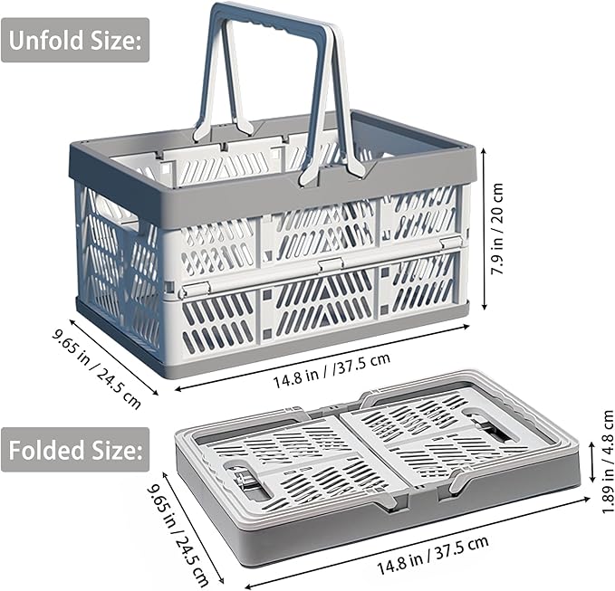 Collapsible Plastic Storage Crate - 20L Folding Organizer Basket Portable Stacking Storage Crate Bin with Handle, for Camping, Picnic, Car Trunk, Home Storage (Gray, M)