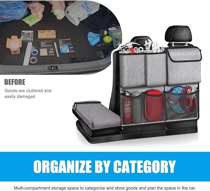 Hanging Car Trunk Organizer, Detachable Seat Back Storage Bag with Lids & 7 Large Pockets, Waterproof Space Saving Cargo Hanging Storage Container for Cars SUVs Vans (Gray)