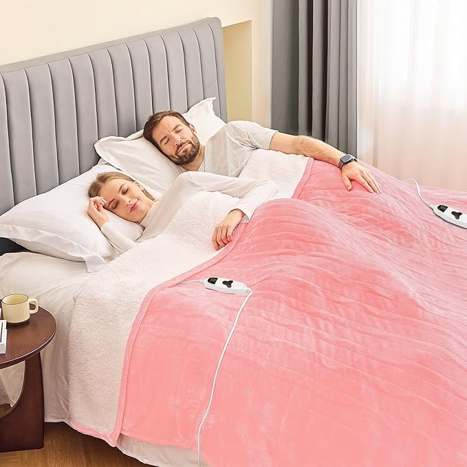 greenoak Heated Blanket Electric King Size 100"X90" Dual Control, Heating Blanket with 10 Heat Levels 1/2/4/6/8 Hours Auto-Off, Sherpa Soft Warm Christmas Blanket,Light Pink
