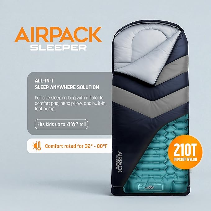 Kids Sleeping Bag with Built-in Pad (Fits Up to 4'6") All-in-One Inflatable Mattress Pad with Built-in Foot Pump - for Sleepovers, Camping and Travel (Blue/Gray)
