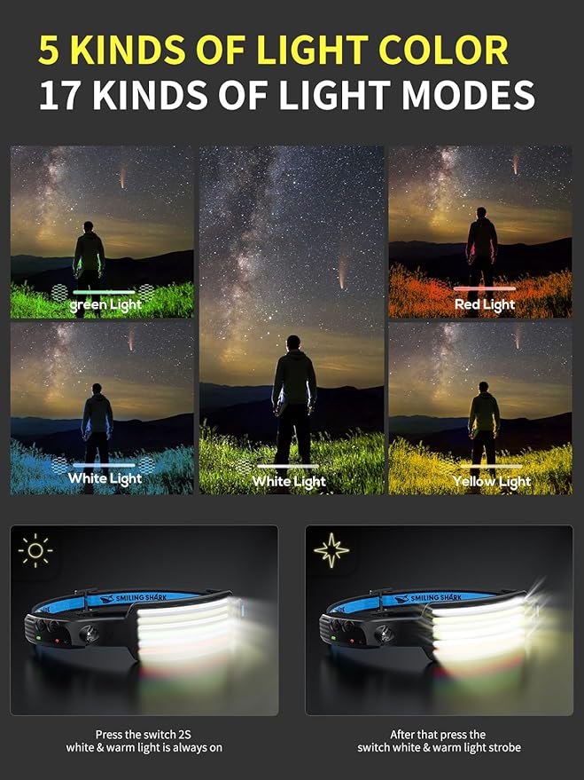 Smiling Shark Rechargeable Headlamp, 2 Pack 230°Wide Angle 5*Colors Light LED Head Lamp Waterproof Headlight for Camping Fishing Hiking Outdoor, Head-Lamp-LED-Frontale-Rechargeable