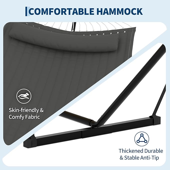 Garvee﻿ 2 Person Hammock with Stand for Outside, Double Hammock with Stand and Pillow, Max 450 Lbs Capacity with Balance Rope, Large Hammock for Outdoor Patio Backyard Poolside