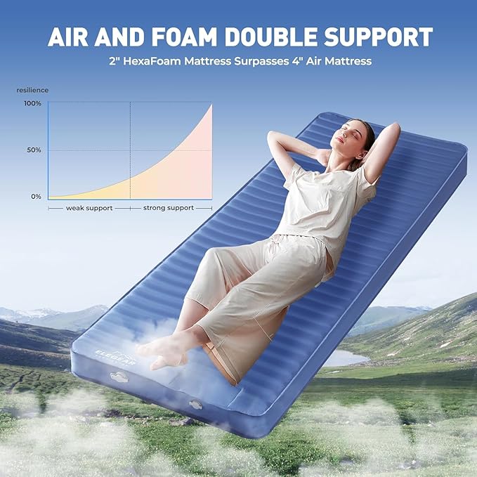 Elegear CumbreX™ Air & Foam Camping Sleeping Pad, HexaFoam Camping Mattress Pad with Built-in Foot Pump Memory Foam Camp Pad 4-Season R-Value 9.5 Camp Sleeping Mat for Travel/Car/Tent, Blue